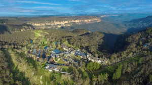 aerial view of resort in the mountains