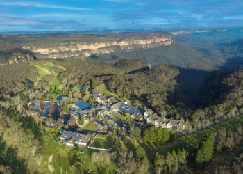 aerial view of resort in the mountains